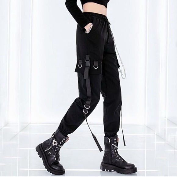 Cargo Pants L NWOT Loose Street Rock Casual Black Pants Chain Goth Black Emo - Picture 3 of 7